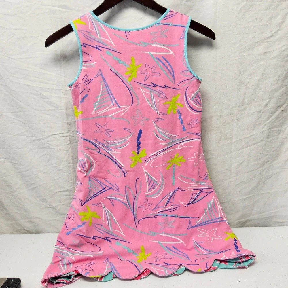 Three Friends Reversible Dress Kids Size 14 Teal Pink Flamingo Palm Tree Scallop